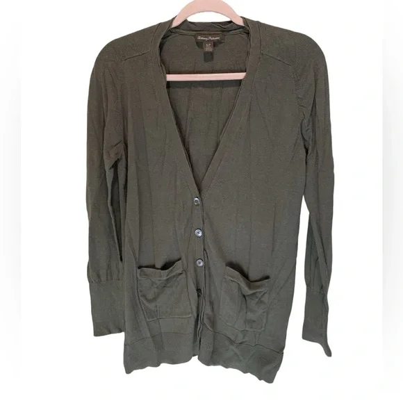 Tommy Bahama olive green button down cardigan. Size S. - Picture 1 of 10